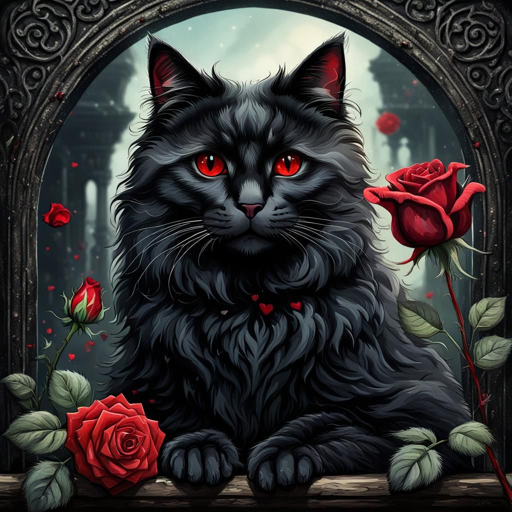 Angora Cat's Love: Fantasy Oil and Ink Illustration