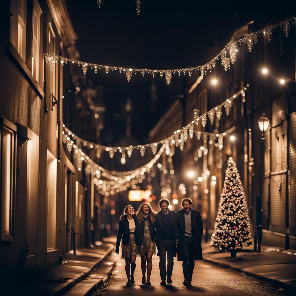 Friends Walking on Christmaslit Street at Night