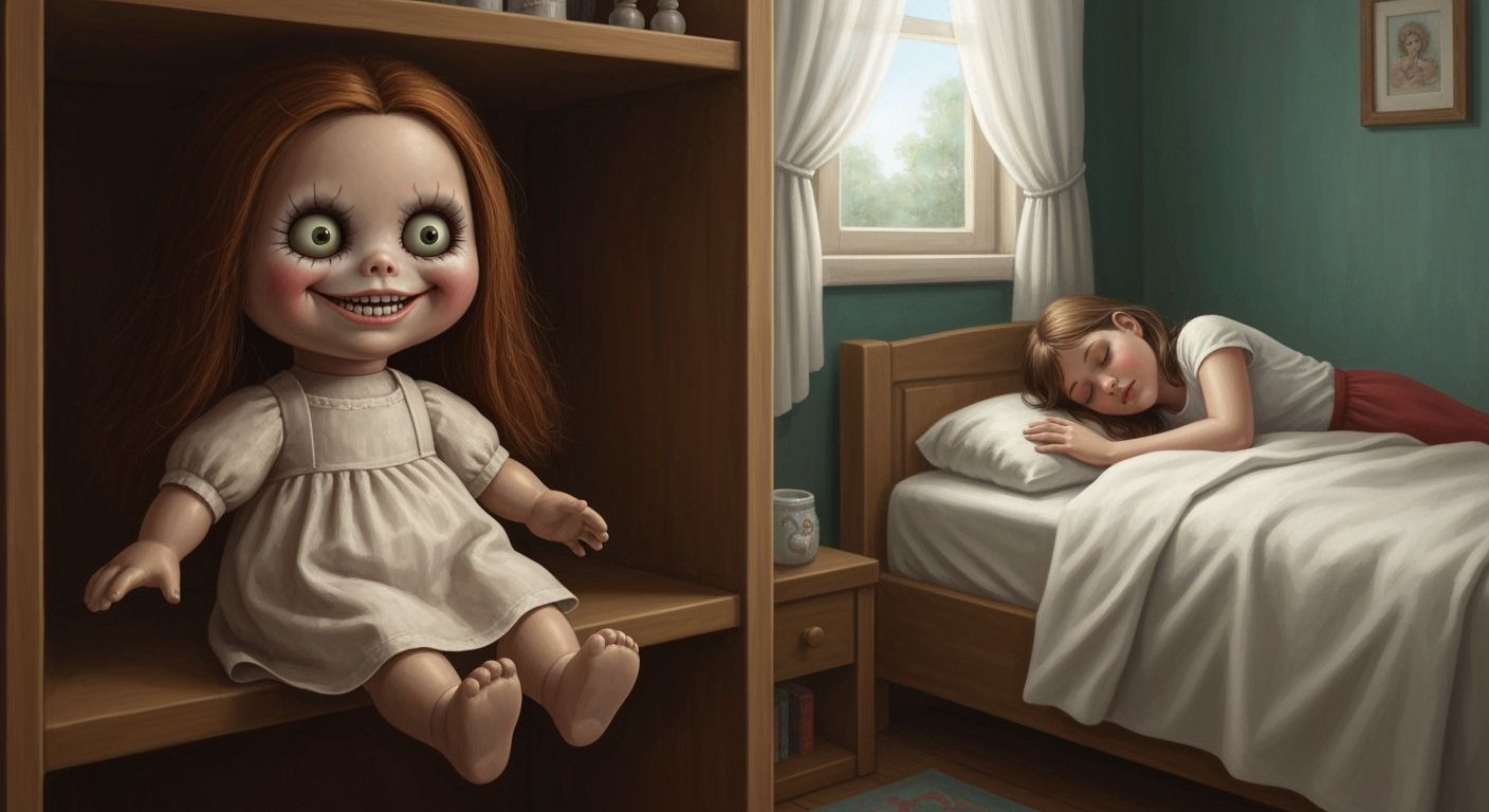 Creepy Doll Watches Girl Sleep in Detailed Oil Painting