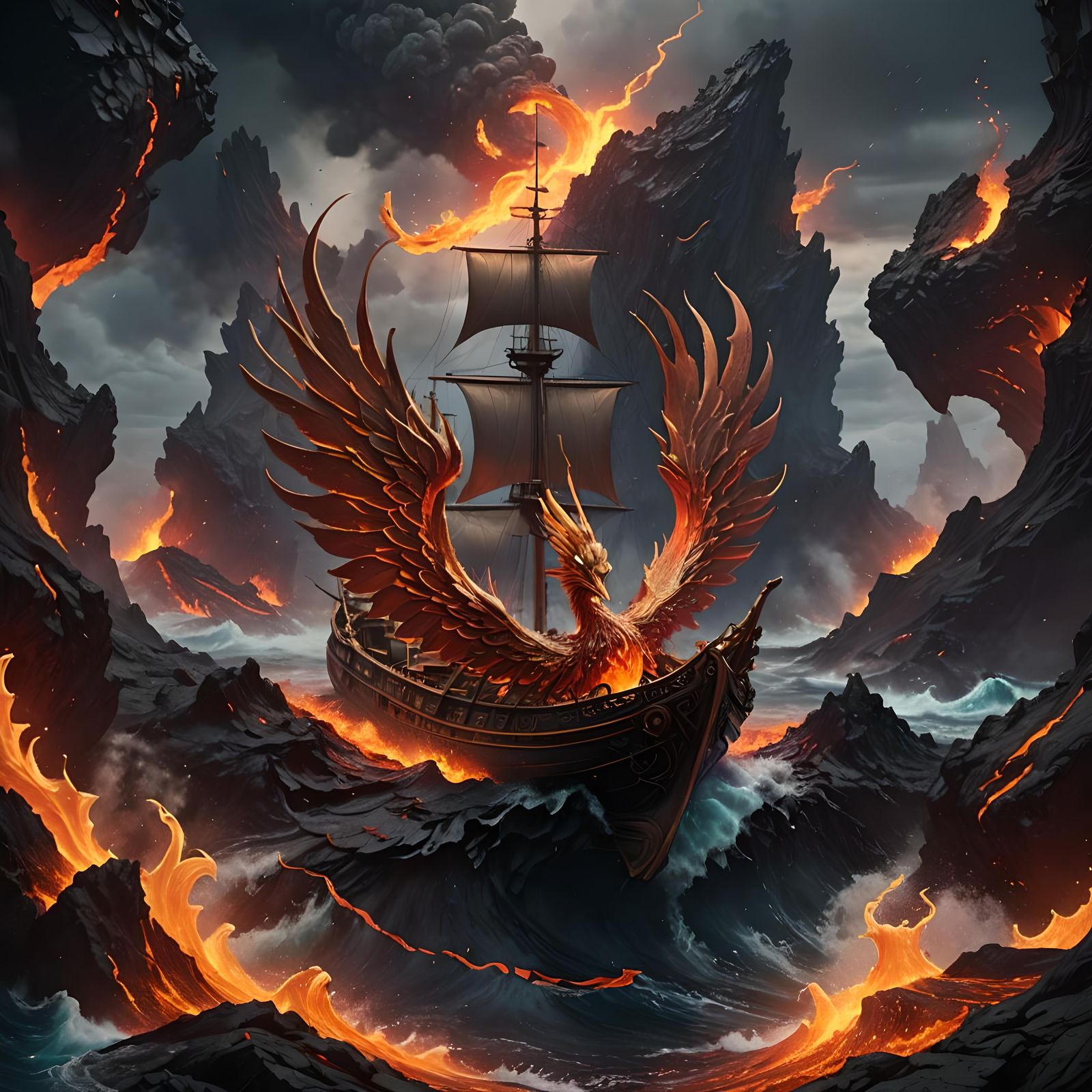 Phoenix Boat Navigates Ocean of Lava: Fantasy Concept Art