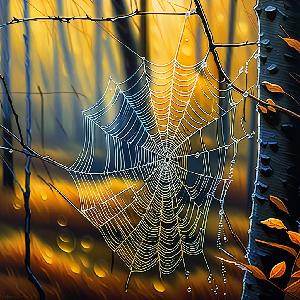 Eerie Autumn Forest Spiderweb in Impressionist Style