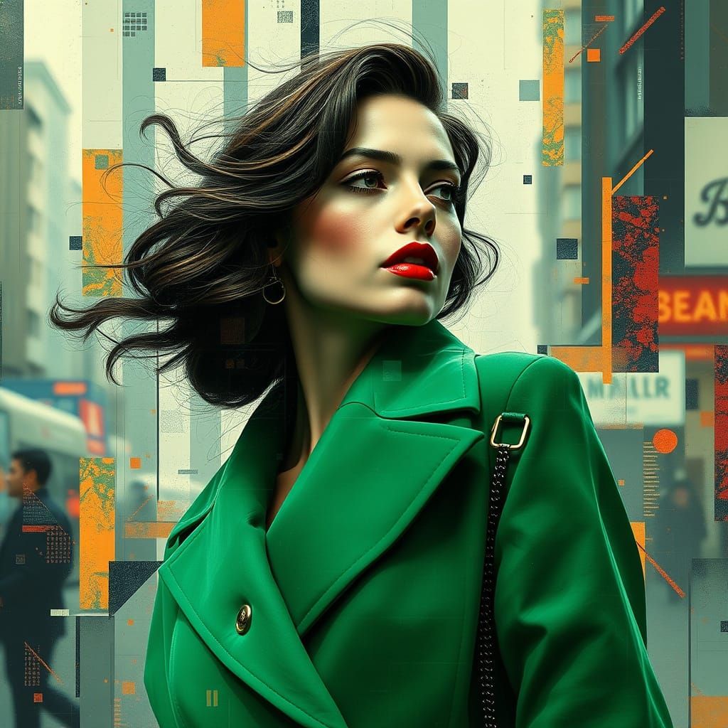 A digital glitch collage of a woman in a green emerald coat fragments distorted images, pixel shifts, data-laden texture...