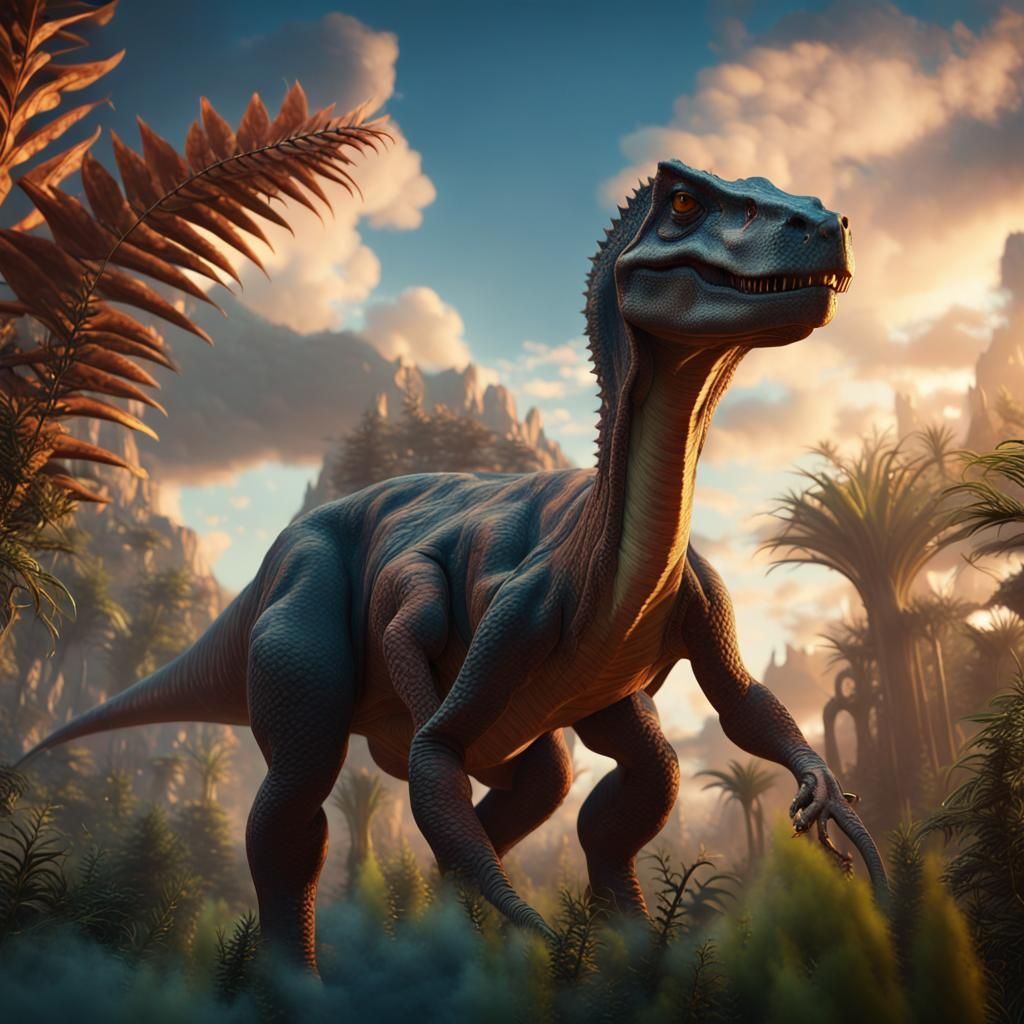 Ethereal Dinosaur Amidst Celestial Clouds in Vibrant, Detail...