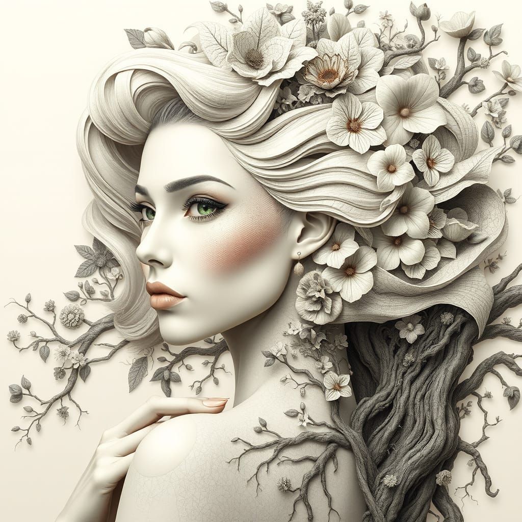 Serene Monochromatic Goddess with Floral Anatomy