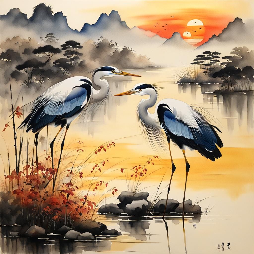 herons at sunset