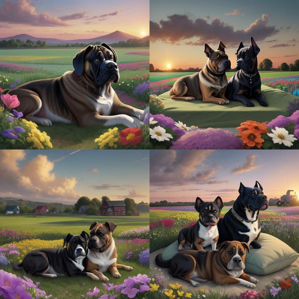 Dogs Cuddle on Flower Bed at Sunset