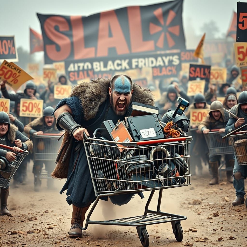 Epic Black Friday Meme Scene: Warrior Leads Cart Charge