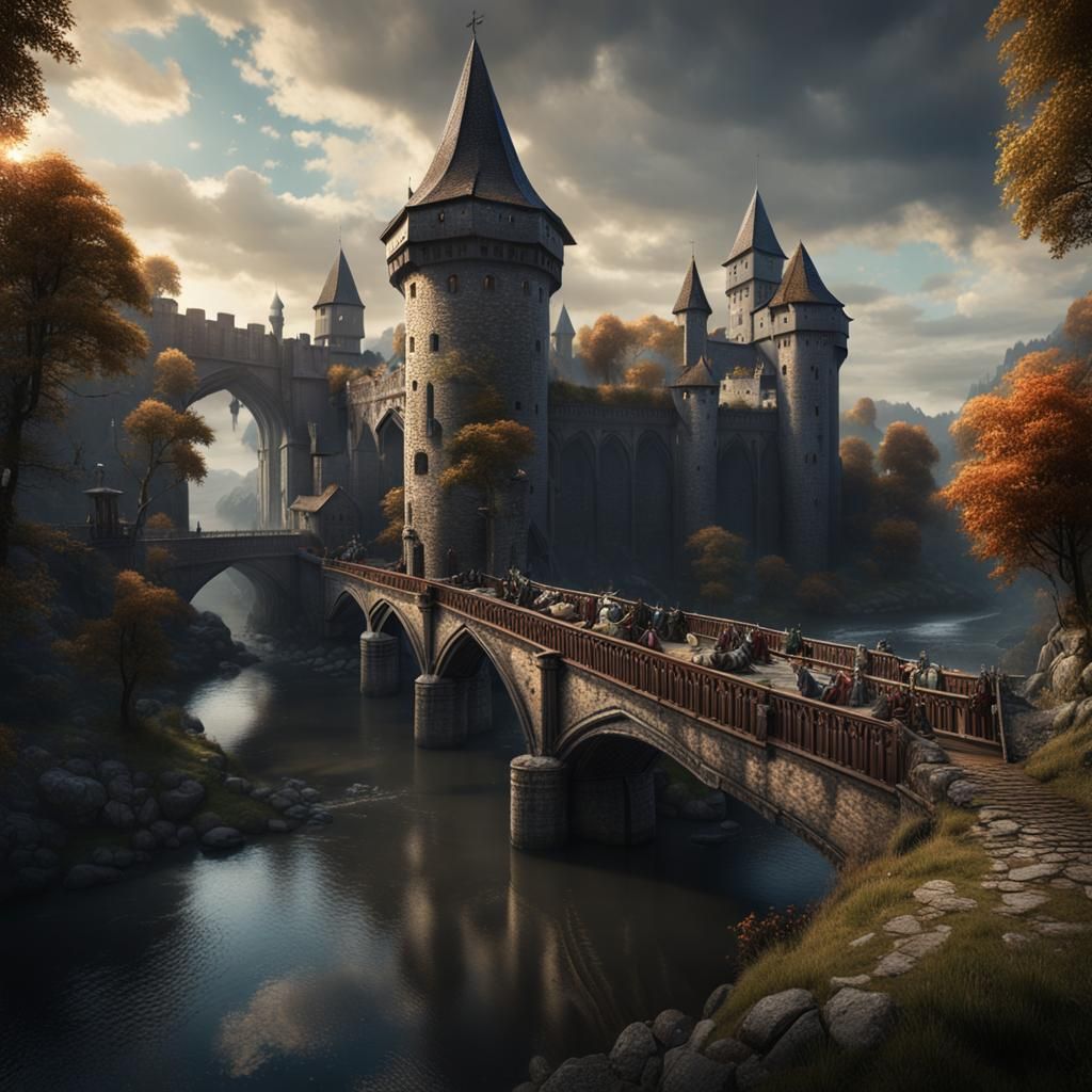 Dark Fantasy Medieval City on River in German Style