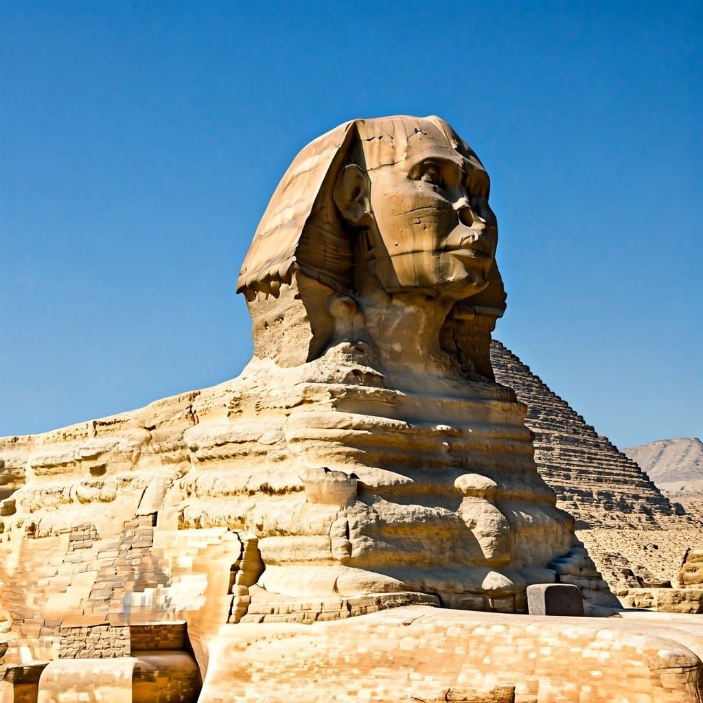 Regal Lion Confronts Ancient Sphinx in Egyptian Landscapes
