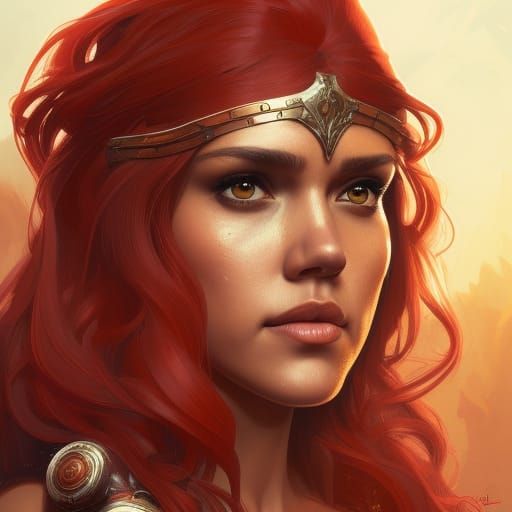 Red Sonja Portrait in Hyperdetailed Digital Art Style
