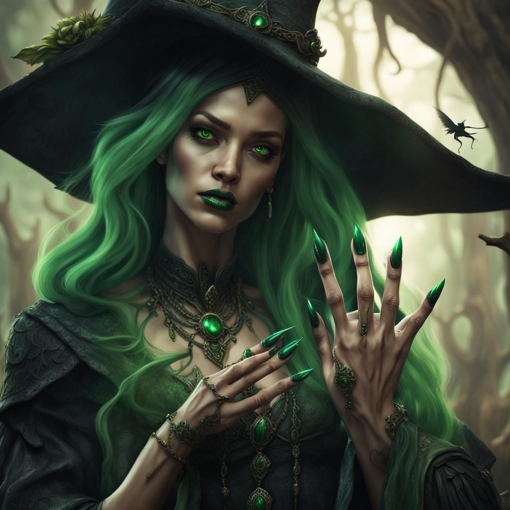 Detailed Witch with Green and Black Nails