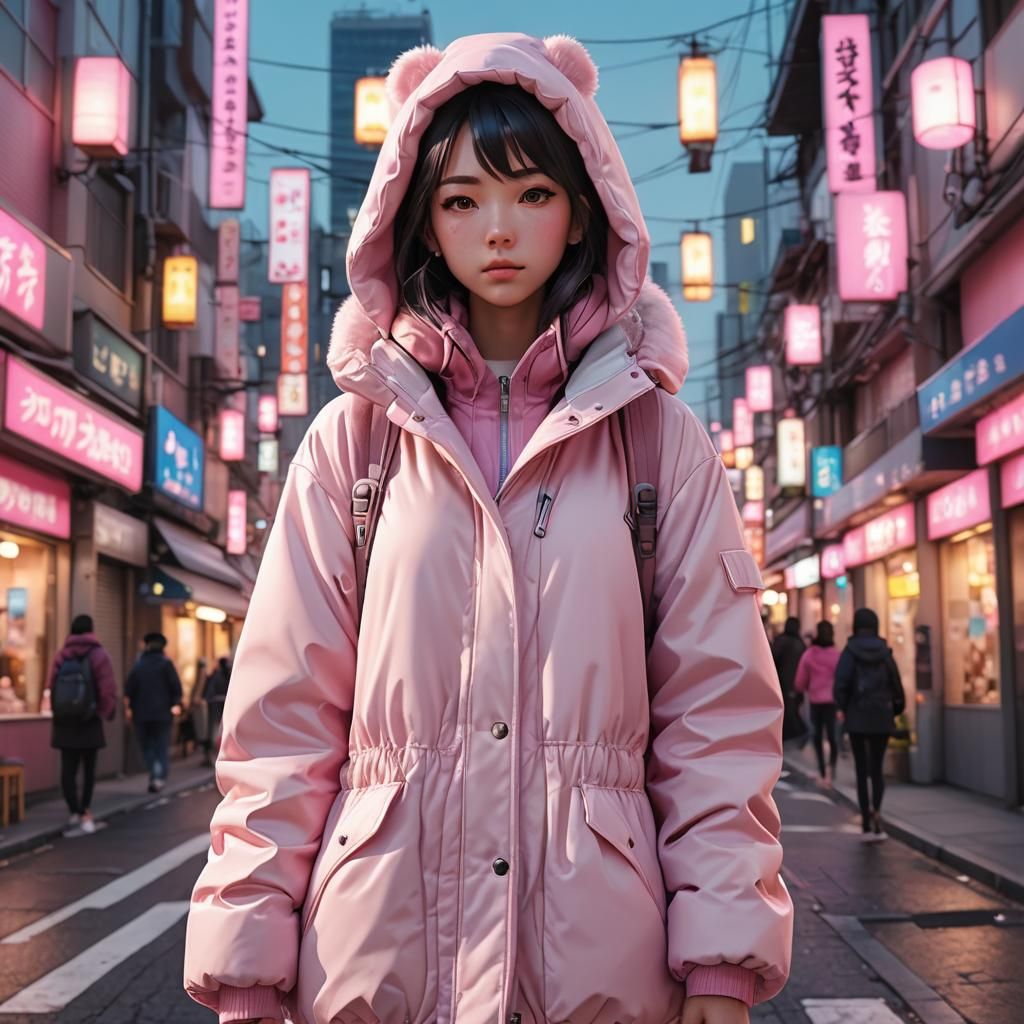 Girl in Pink Puffy Coat in 3D Anime Style
