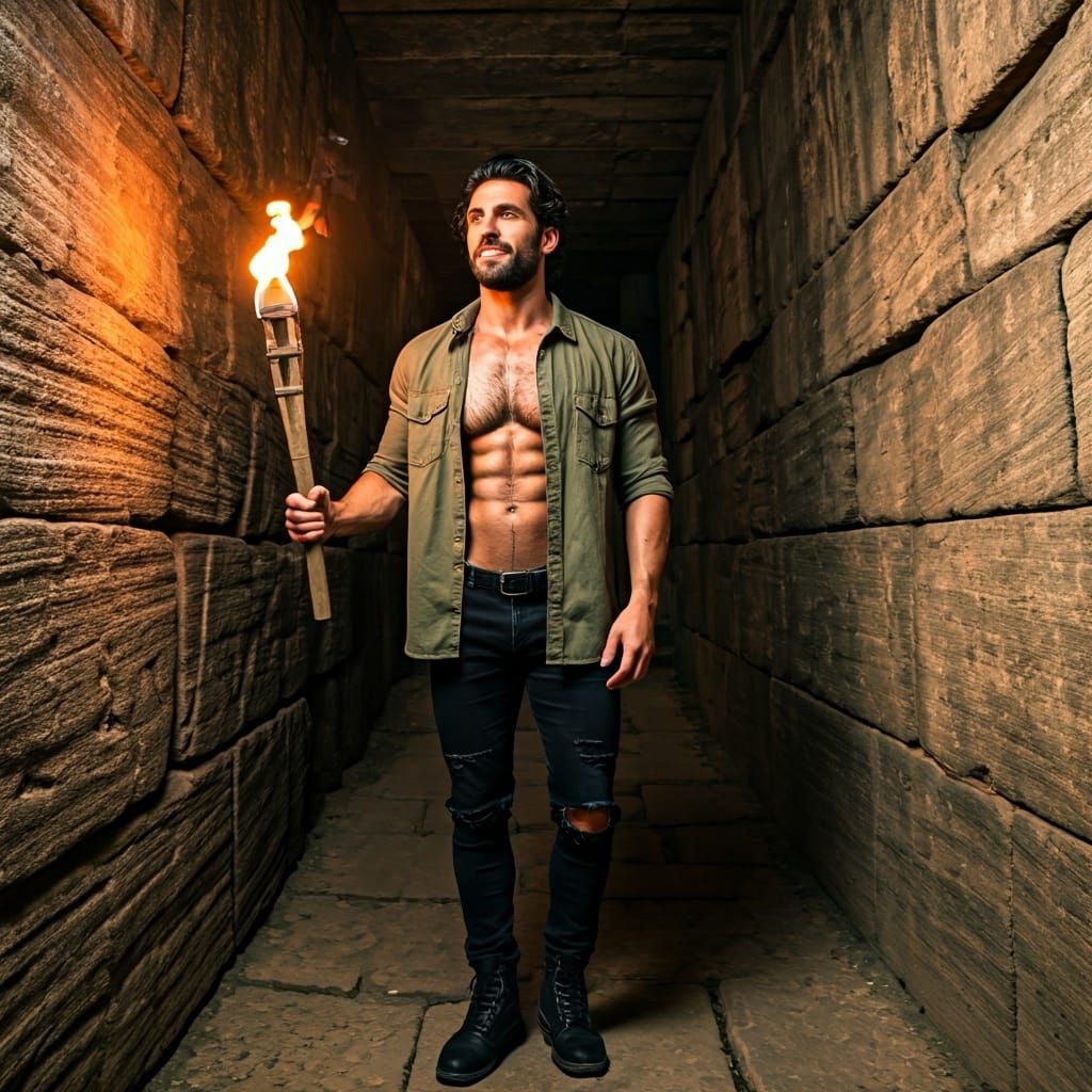Man Exploring Ancient Temple with Torch in HDR Photo