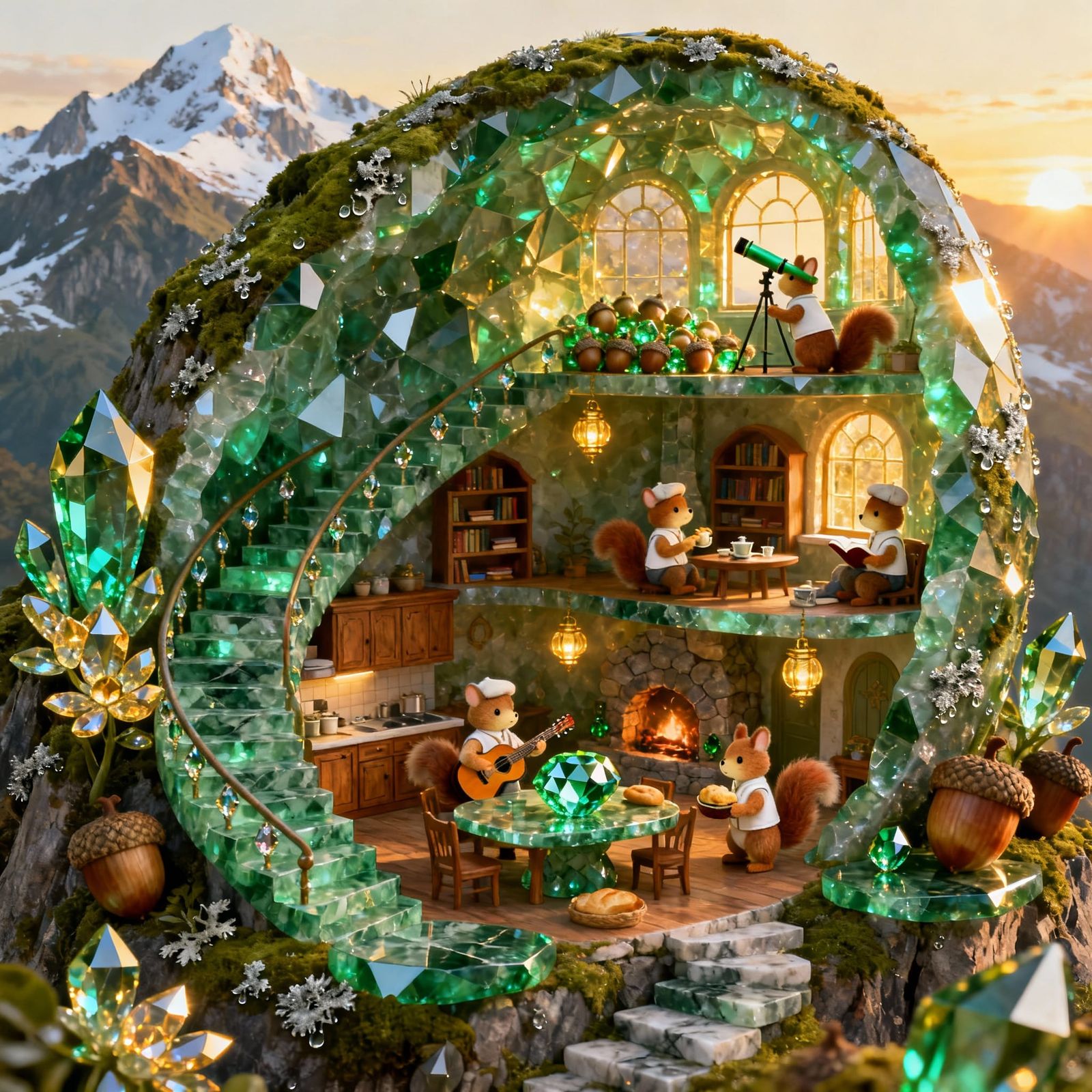 Emerald Geode House with Sylvanian Squirrels at Golden Dawn