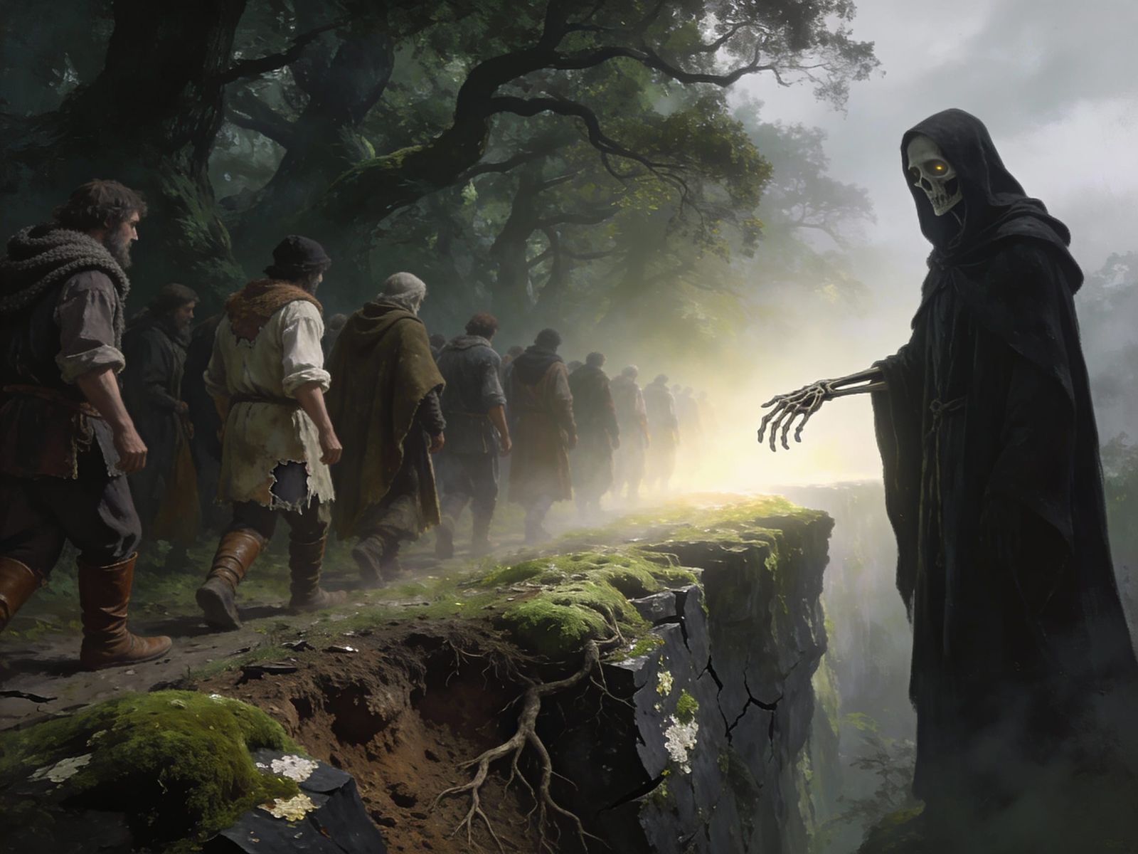 Peasants March to Death on Mossy Cliff in Dark Fantasy Style