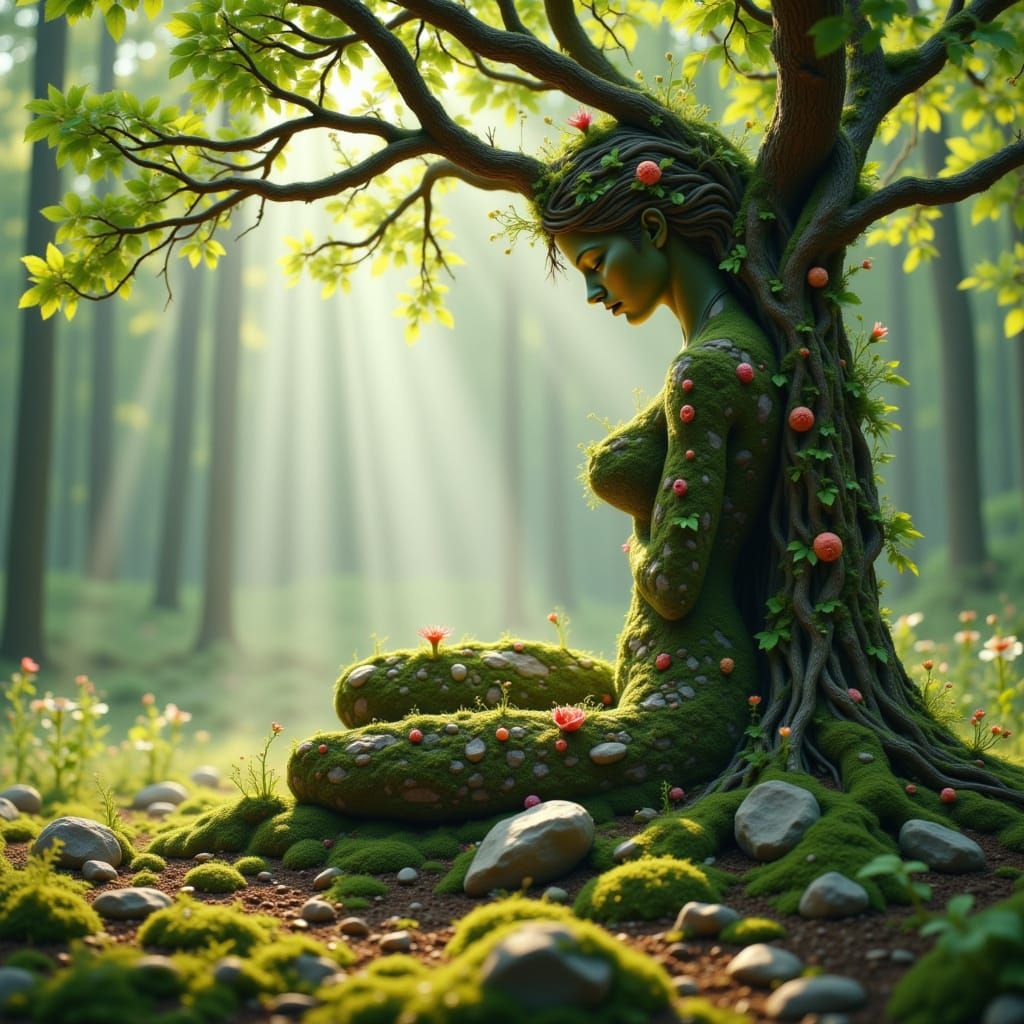 Earth Dryad Resting Beneath Forest Tree in Morning Light