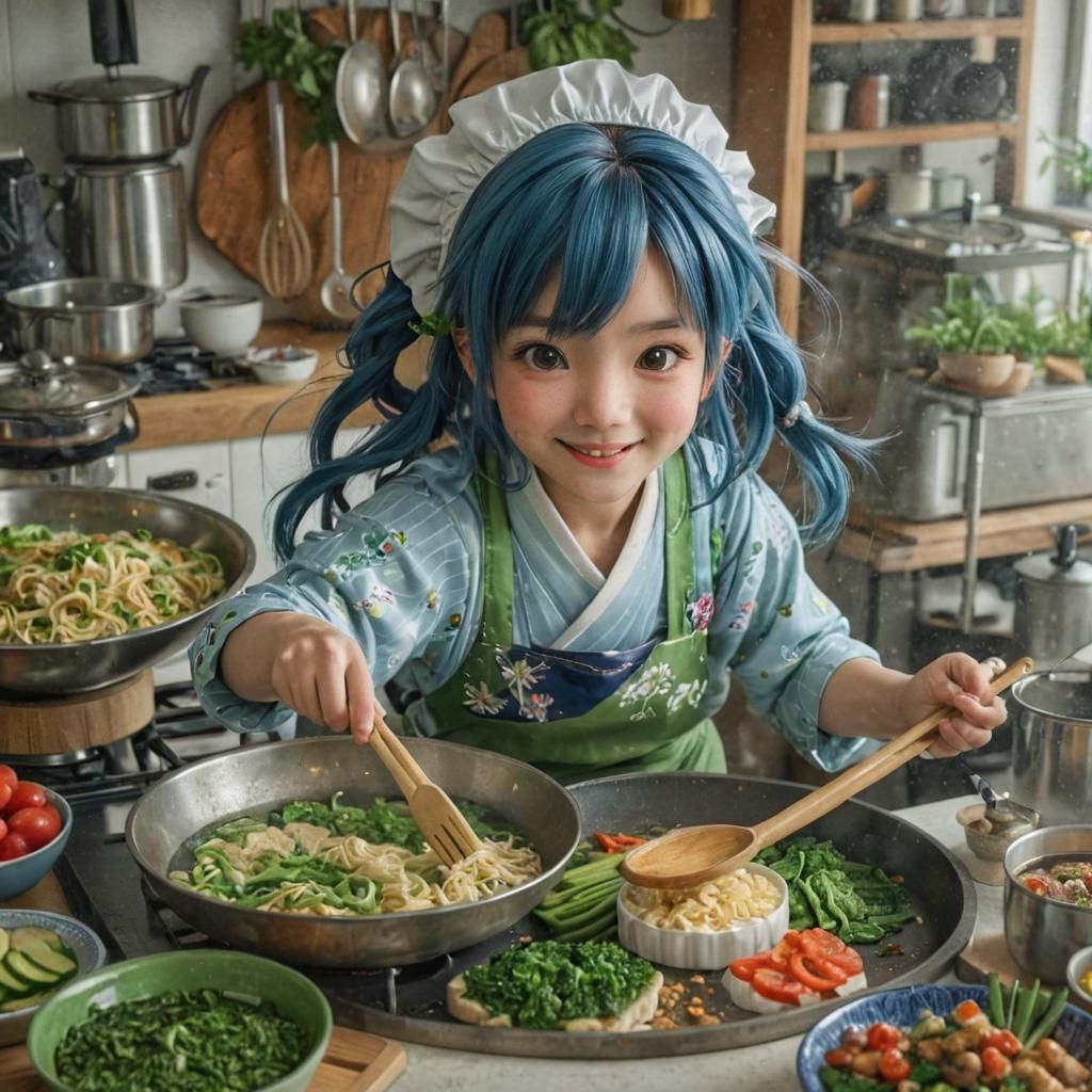 Smiling Japanese Girl Cooking in Traditional Kitchen