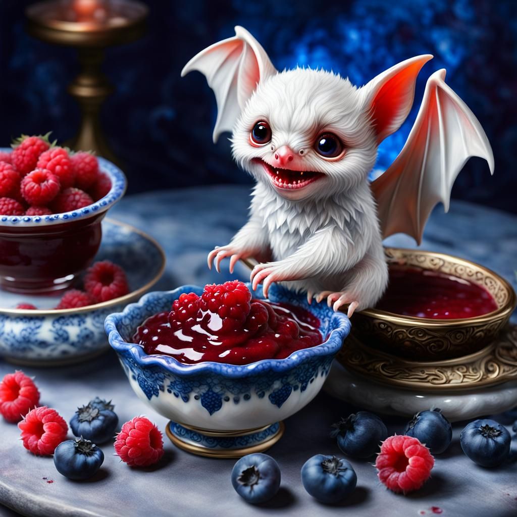 Adorable White Bat with Jam in Detailed Digital Painting