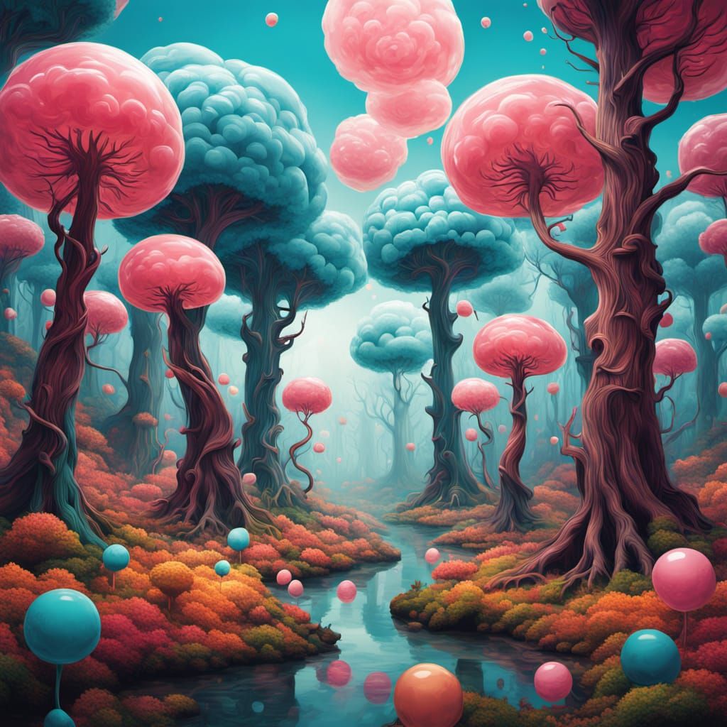 Whimsical Surrealist Forest in Vibrant Bubblegum