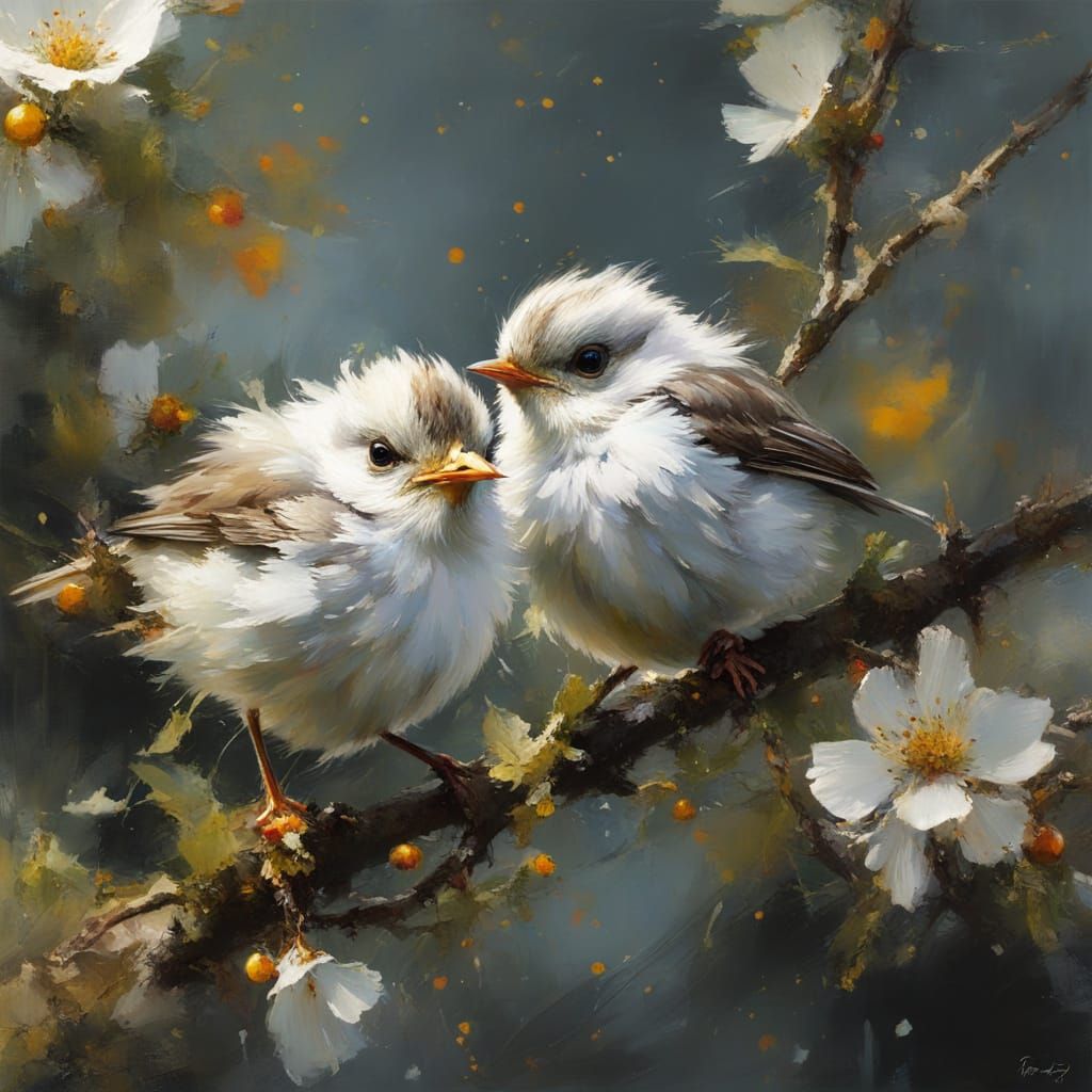 Baby Robins on Apple Blossom Tree Painting