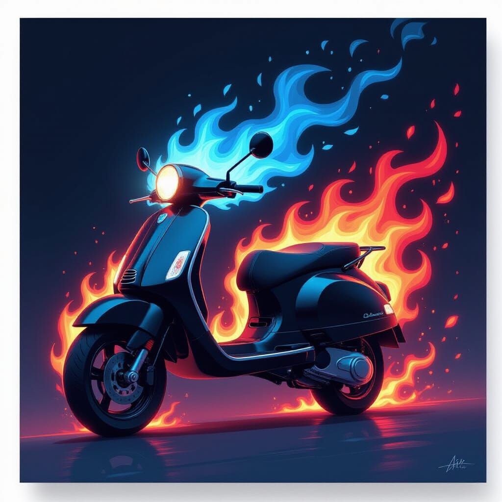 Black Scooter with Blue and Red Flames in Sci-Fi Style