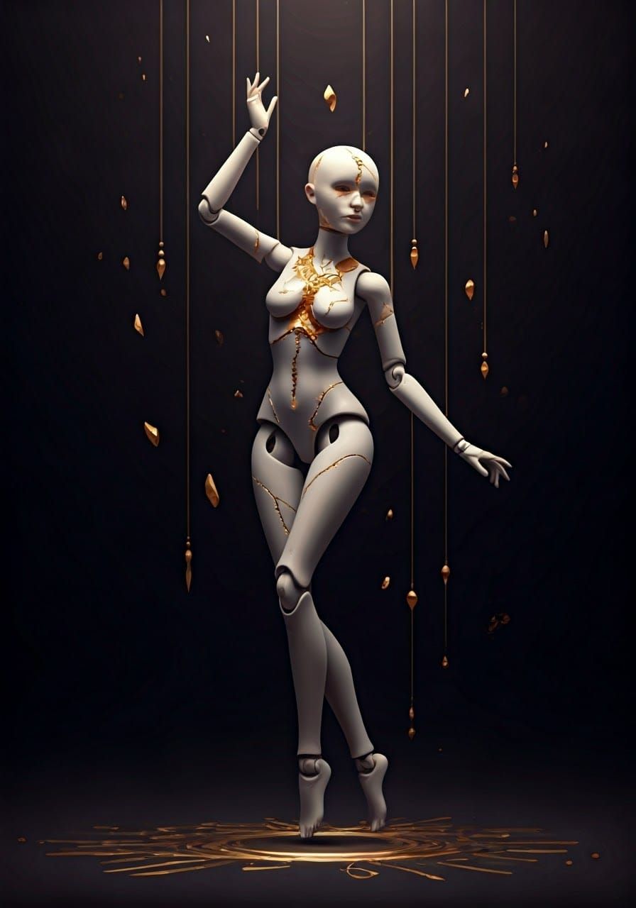 Kintsugi Doll Dancing in Dark Luxurious Futurism