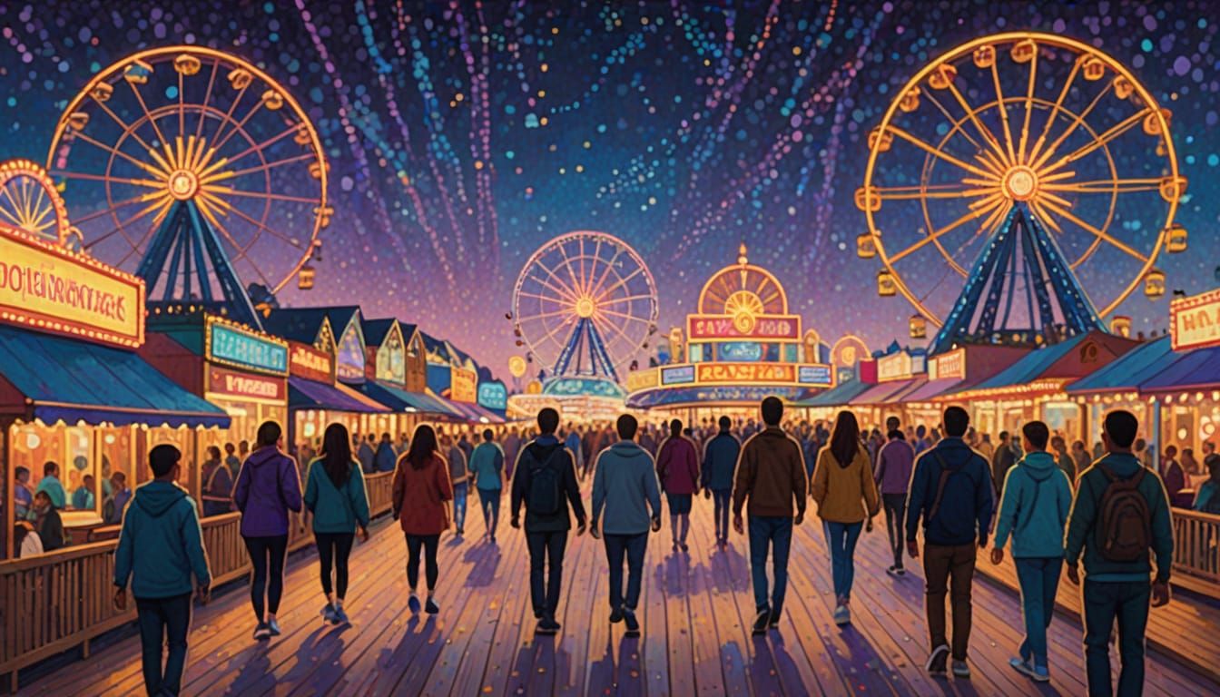Pointillist Boardwalk with Ferris Wheel and Neon Signs