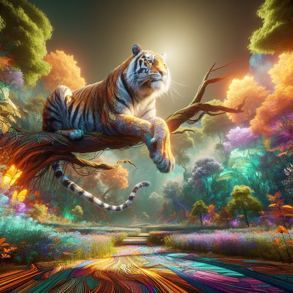 Majestic Tiger Sits Regally on a Tree, in a Vibrant Natural....