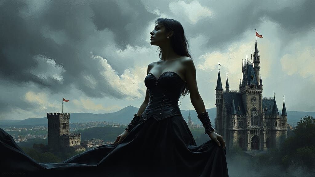 Elegant Vampire Silhouette with Castle, Impasto Oil Painting