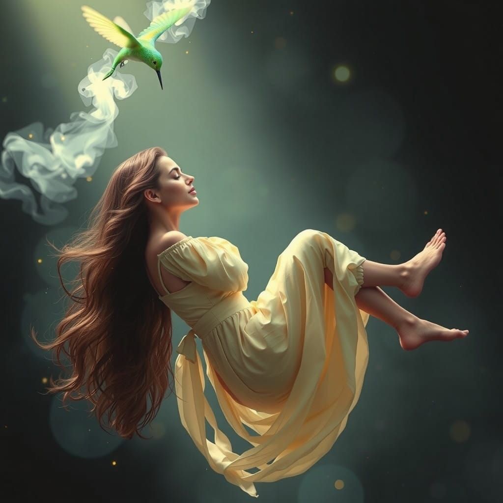 Ethereal Siren in Cream-Colored Robes Meets Iridescent Hummi...