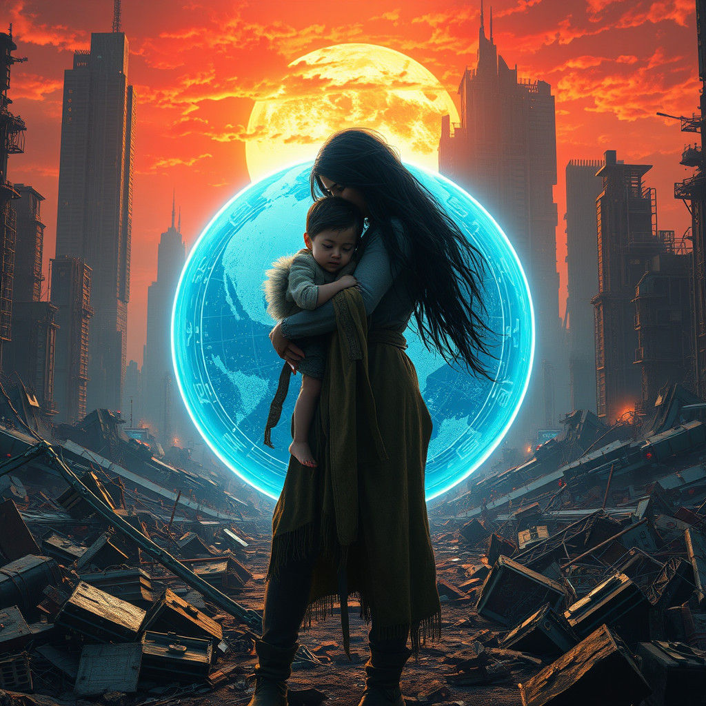 Cyberpunk Mother and Child in Glowing Sphere