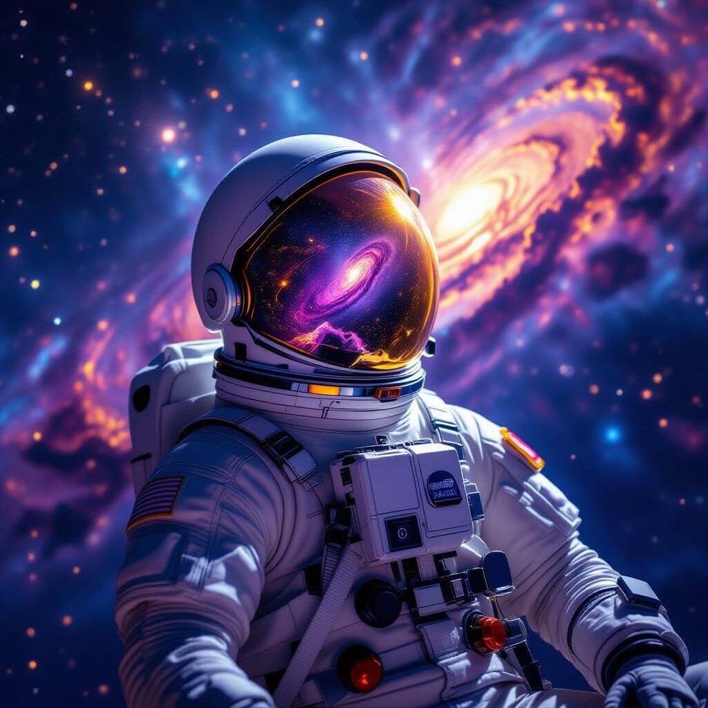 Astronaut Adrift in Nebula Reflecting Galaxy