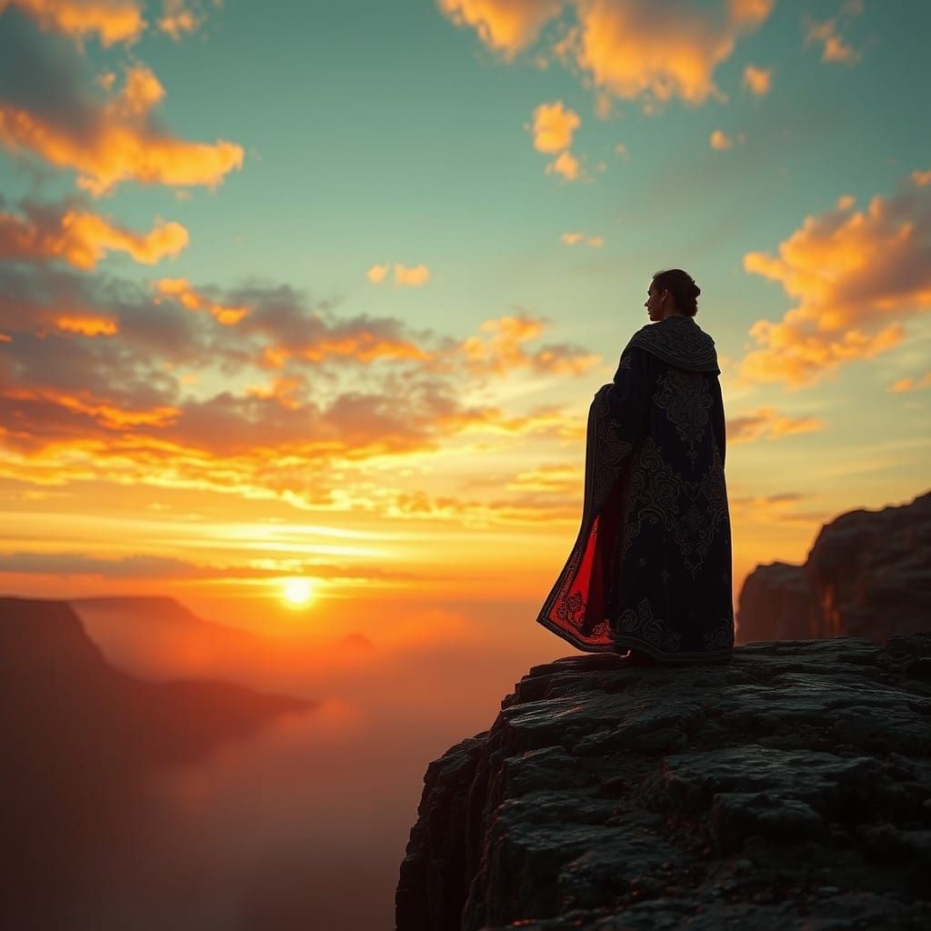 Ethereal Woman on Windswept Cliff at Sunset