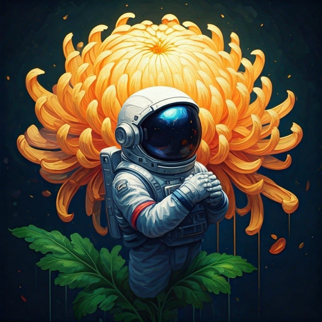 Vibrant Chrysanthemum Cradles Astronaut in Epic Impasto Mast...