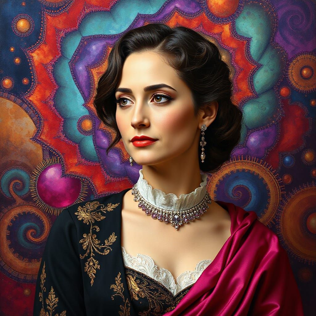 Elegant Woman in Surreal Abstract Fractal Landscape