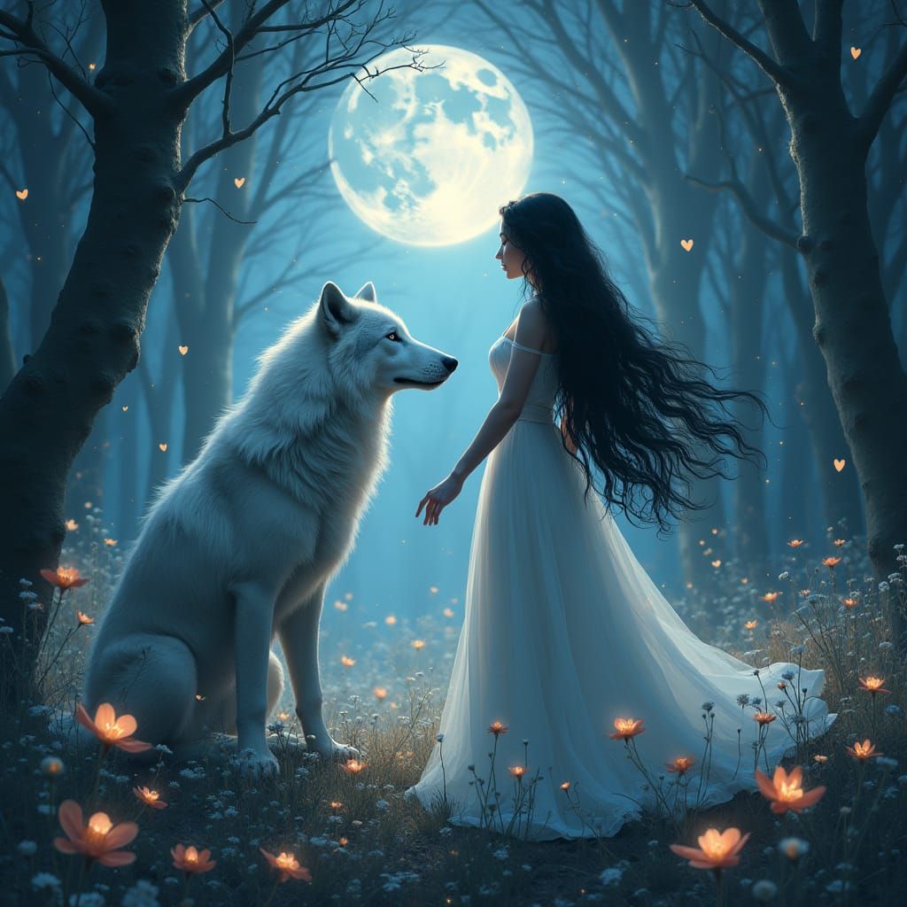 Ethereal Woman and Spectral Wolf in Moonlit Forest