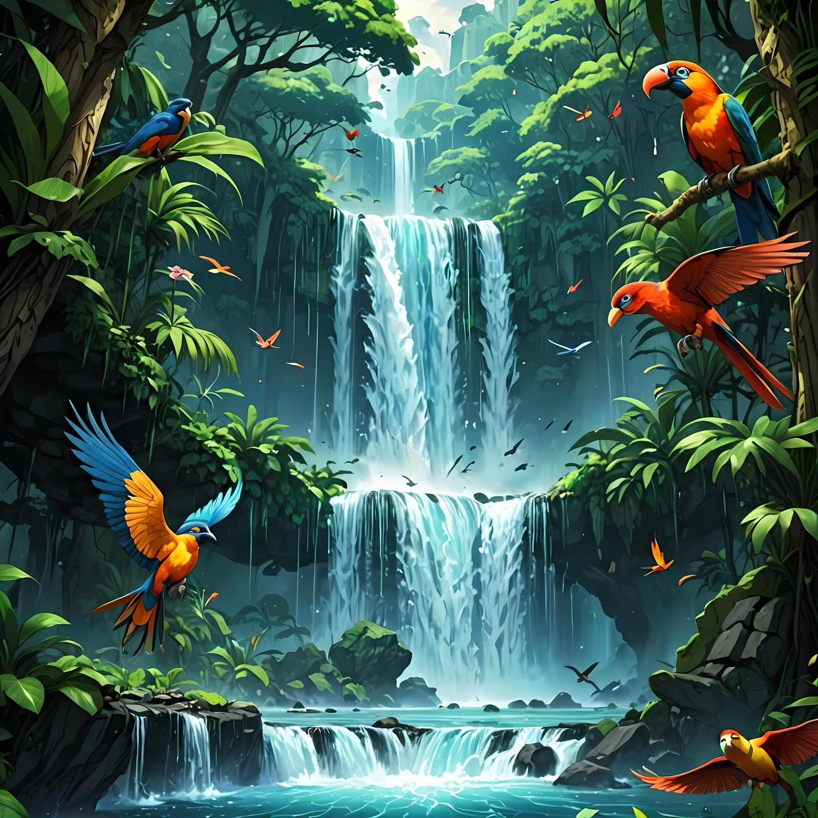Tropical Waterfall Scene in Anime Style