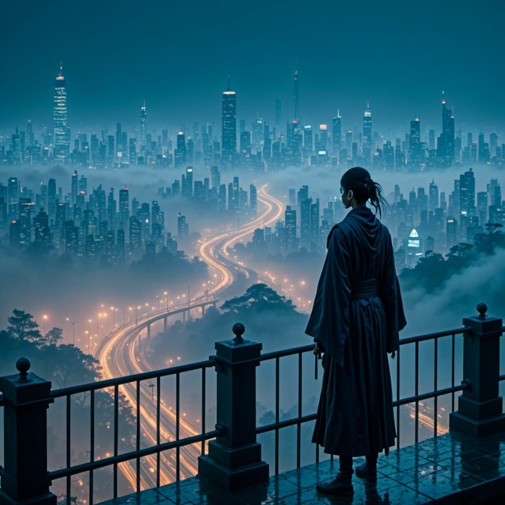 Neon Dawn: Figure Overlooks Foggy Cyberpunk City