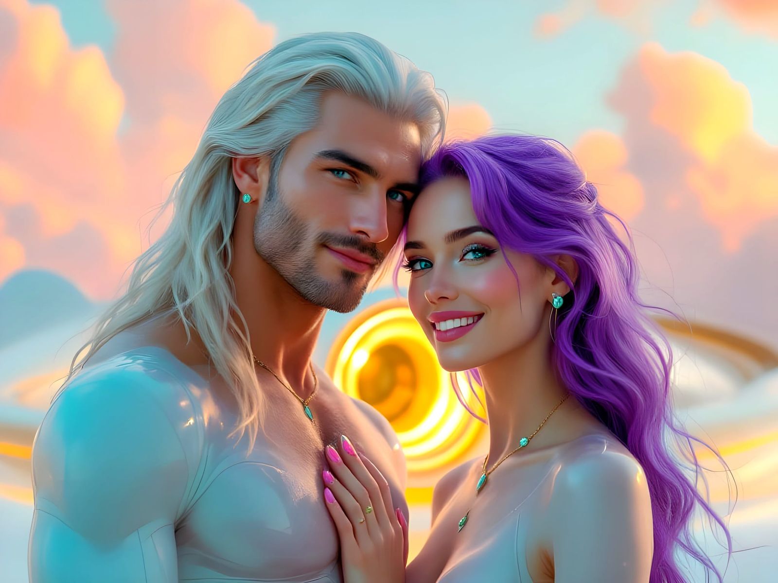 Dreamy Star Couple in Futuristic Space Scene