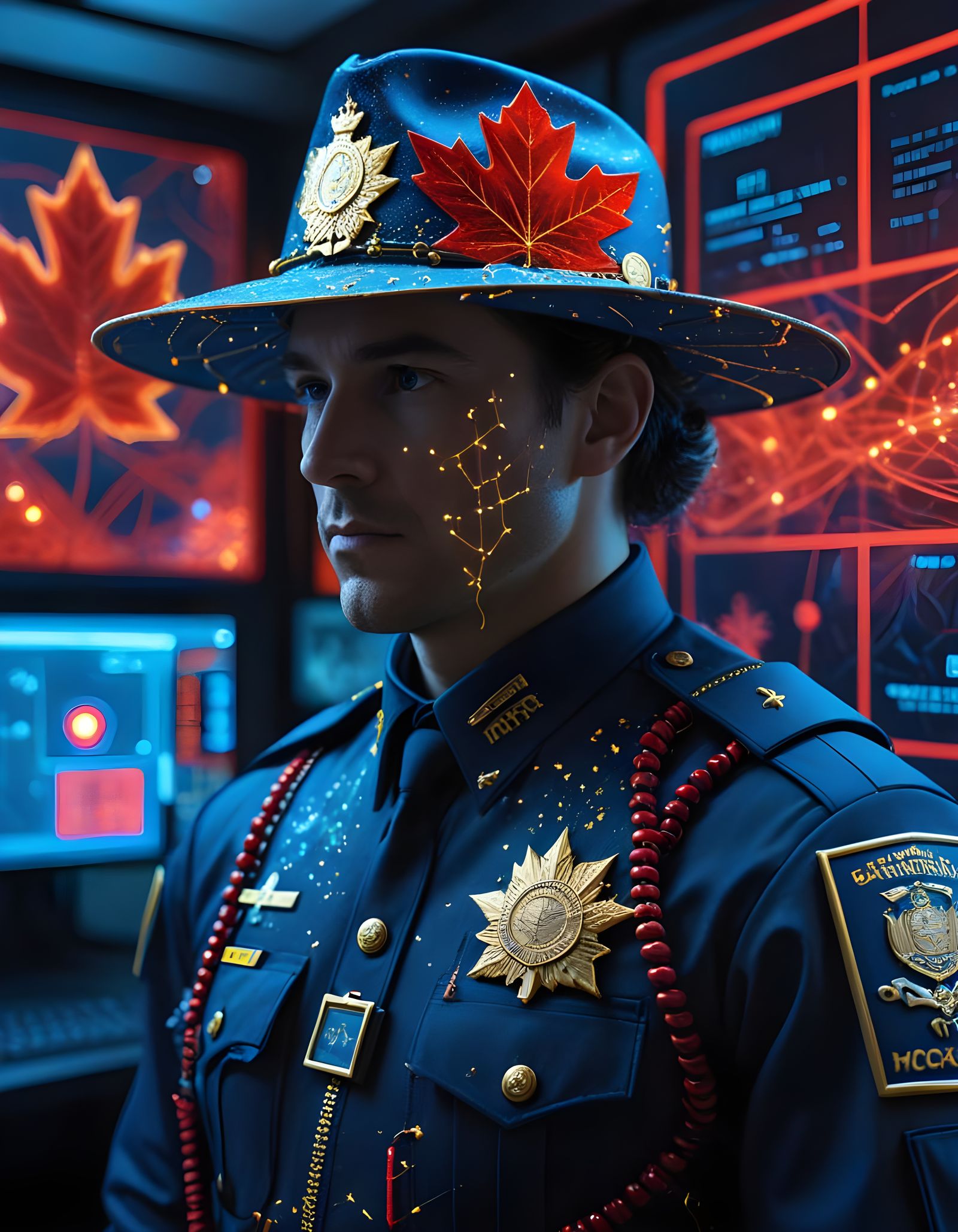 Cyberpunk RCMP Stetson Neural Interface Command Center