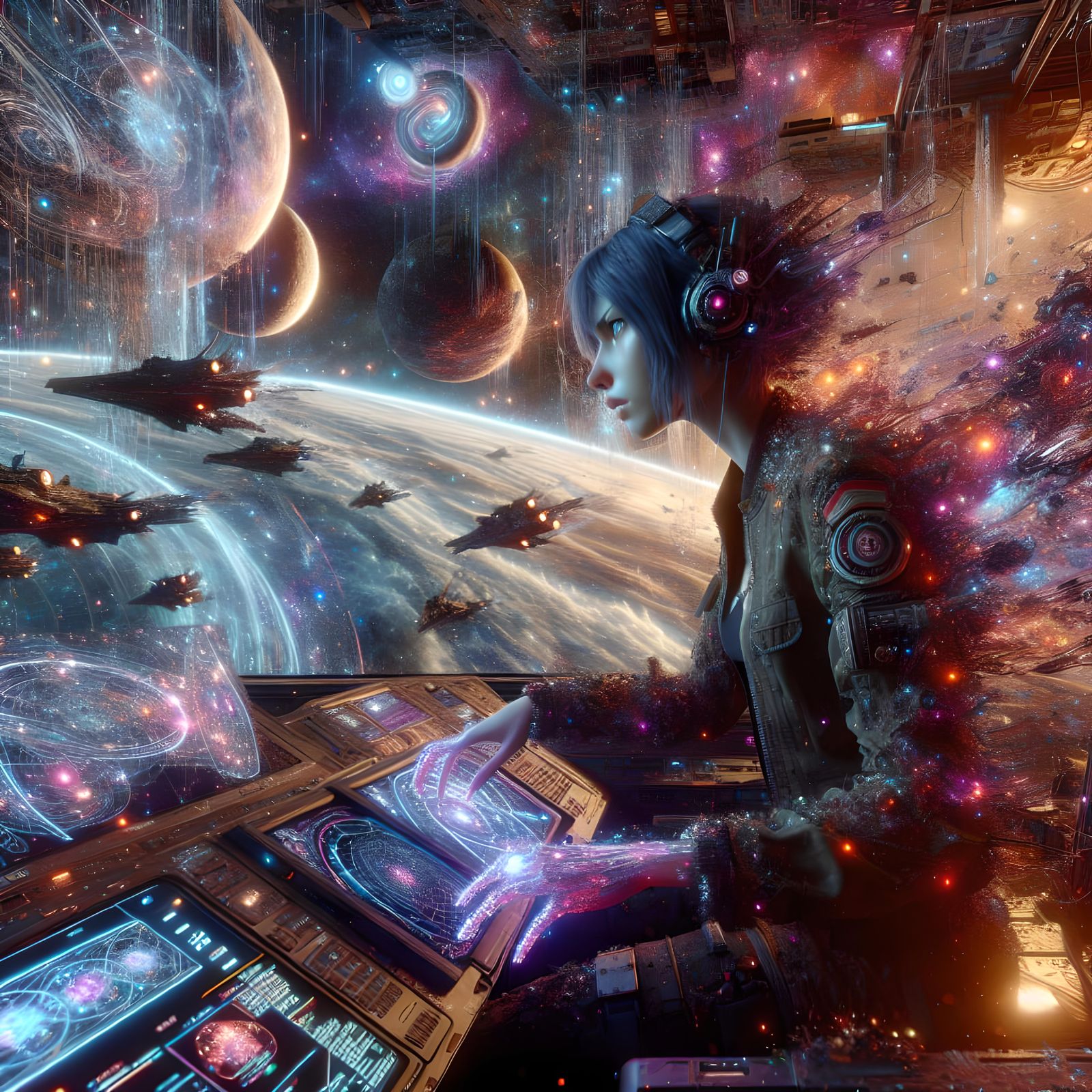 Cypherpunk Girl Navigating Ravaged Cosmic Space