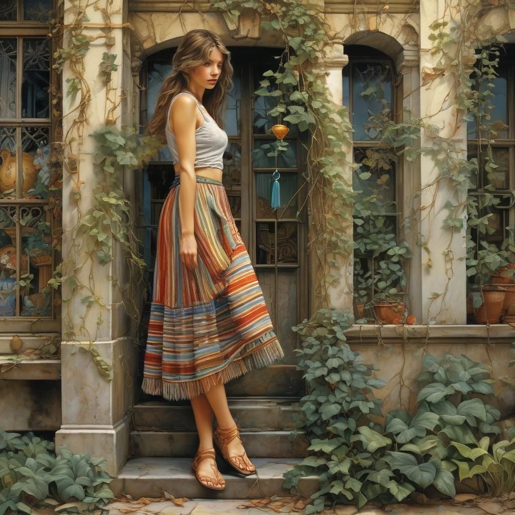 Woman in Striped Skirt by Canyon, Detailed Illustration