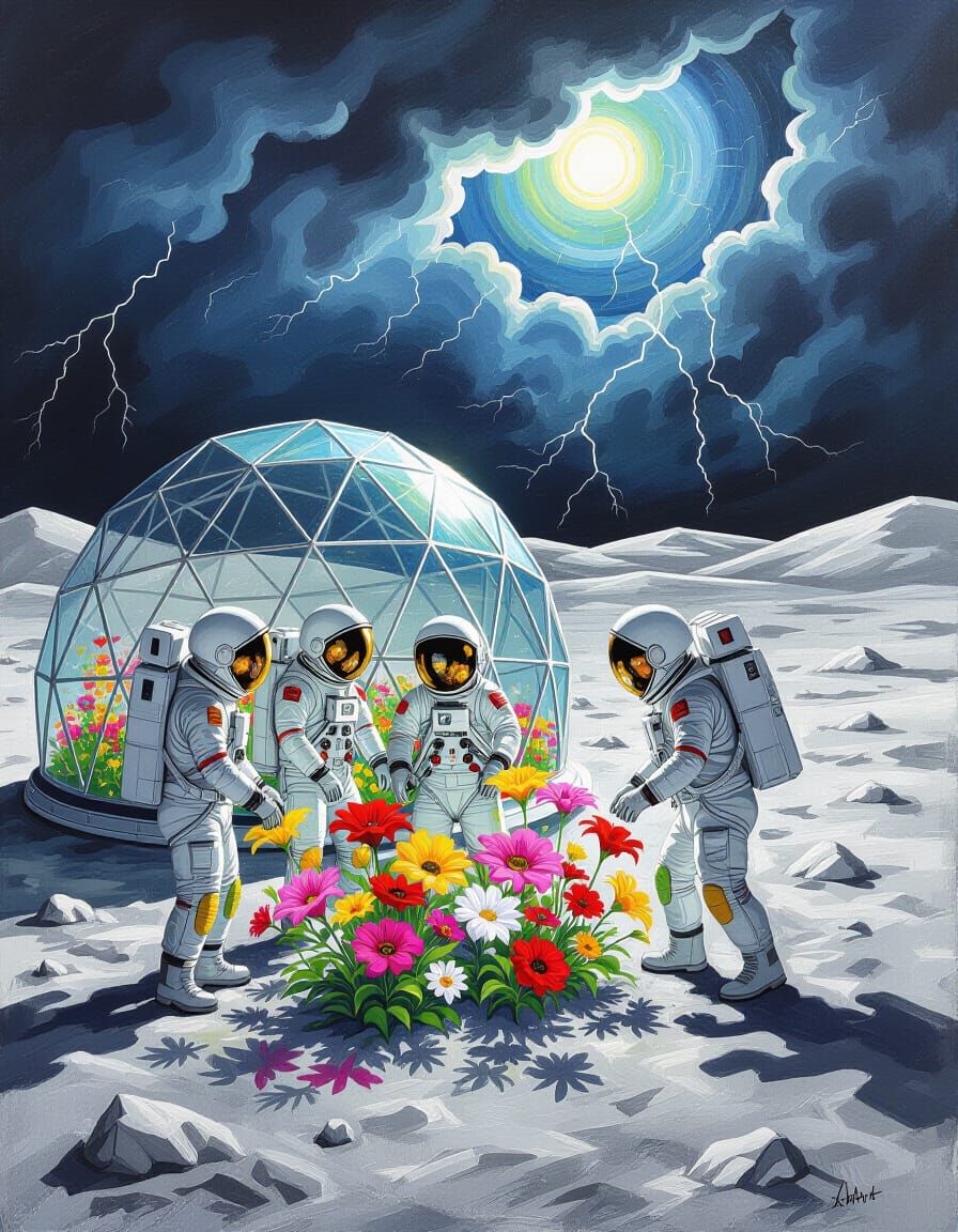 Astronauts Tending Lunar Flowers in Stormy Geodesic Dome