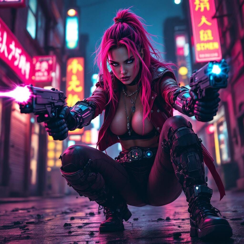 Cyberpunk Warrior in Neon Cityscape