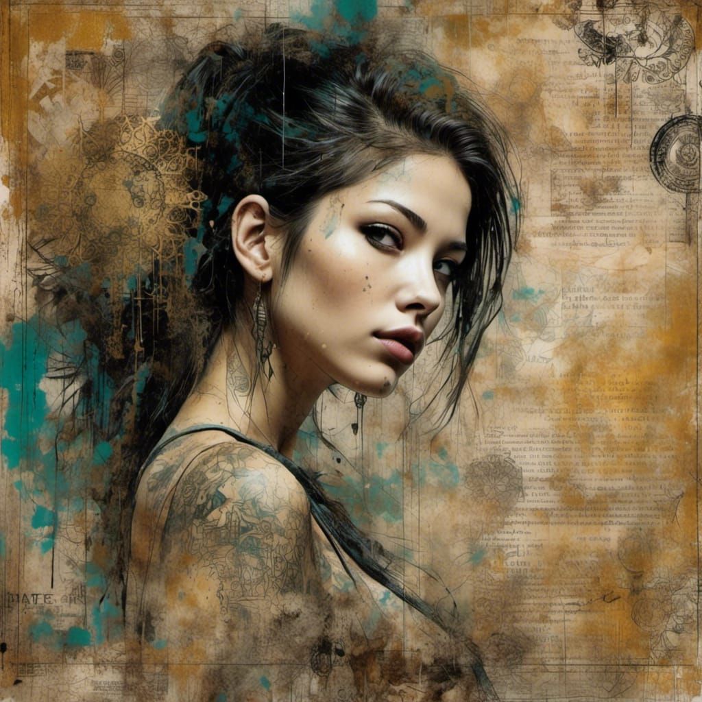 Grunge Art Journal Page with Young Girl