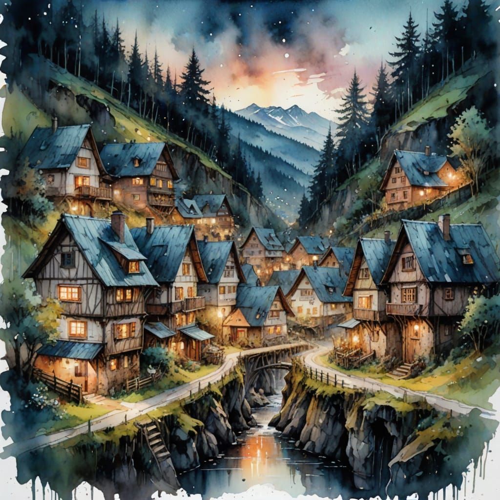 Black Forest Village at Dusk in Watercolor Style