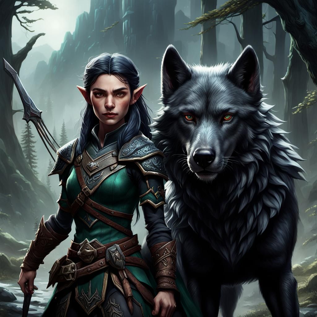 Wild Elf Ranger with Dire Wolf: Fantasy Art