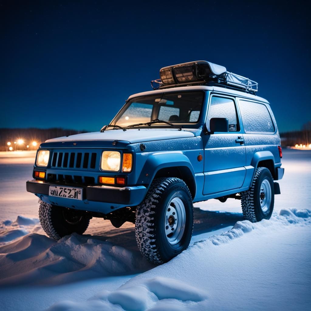 Blue Suzuki Jimny in Frozen Arctic Landscape