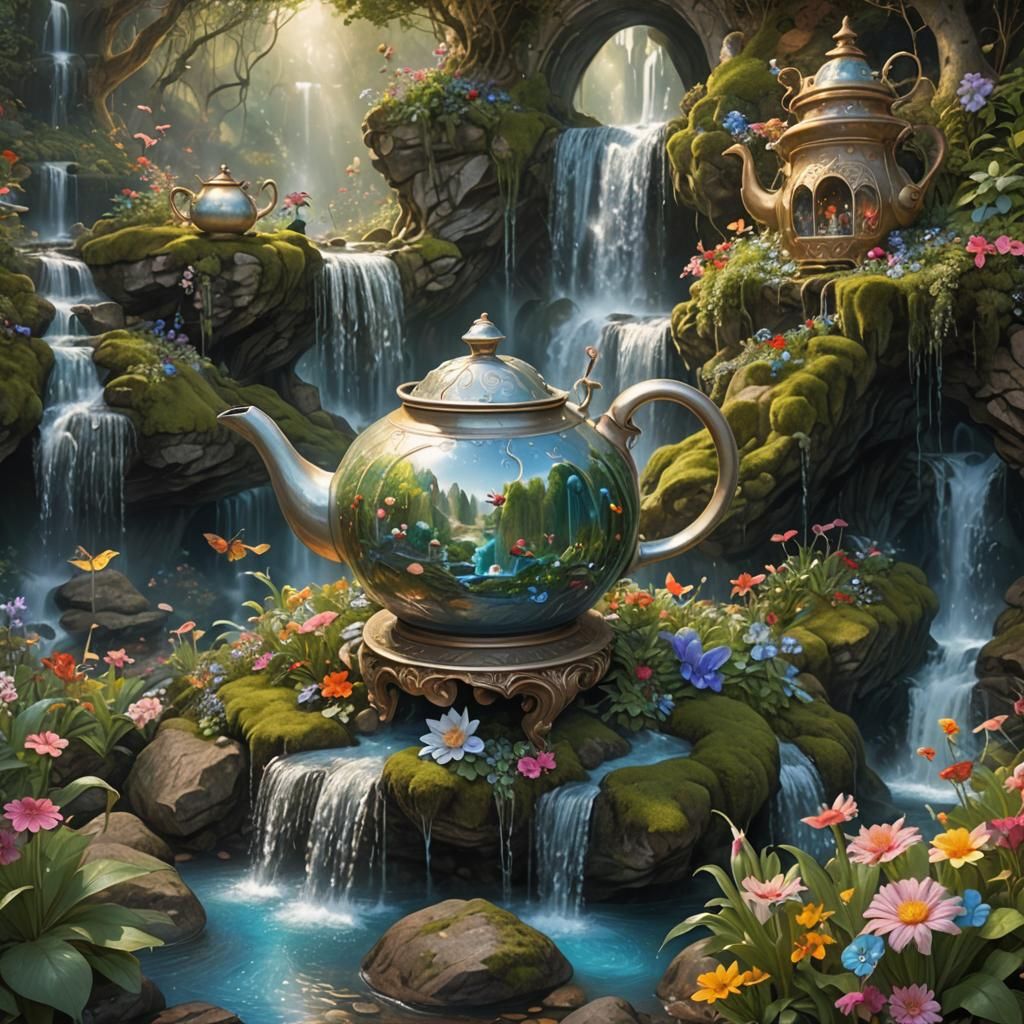 Giant Teapot Waterfall with Fairies in Fantasy Landscape
