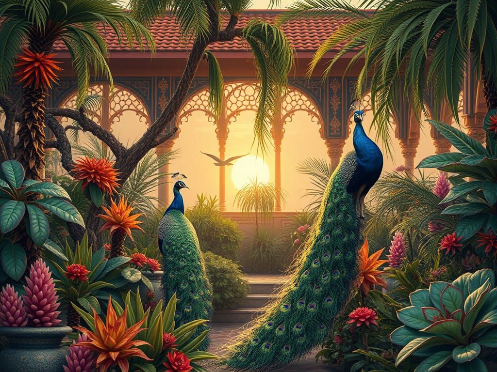 Exotic Oriental Palace Garden with Majestic Peacocks in Soft...